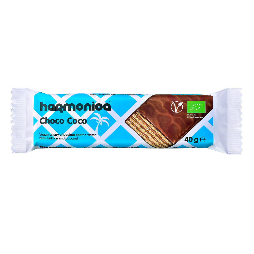 Napolitana Bio cu nuca de cocos invelita in ciocolata neagra, 40 g, Harmonica